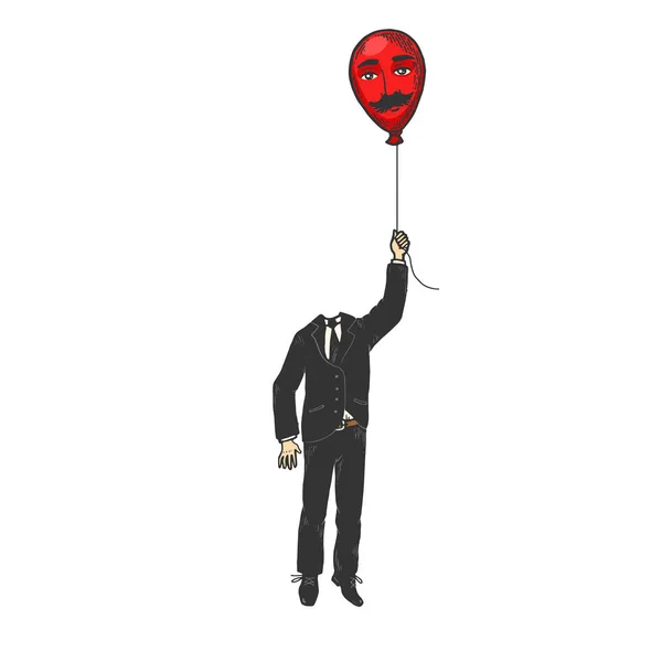 Cavalheiro com balão de ar cabeça cor esboço gravura vetor ilustração. Imitação de estilo Scratch board. Imagem desenhada à mão . — Vetor de Stock