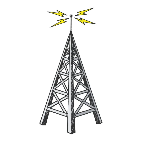 古いヴィンテージラジオタワー放送送信機カラースケッチ彫刻ベクトルイラスト。スクラッチボードスタイルの模倣。白黒の手描きのイメージ. — ストックベクタ
