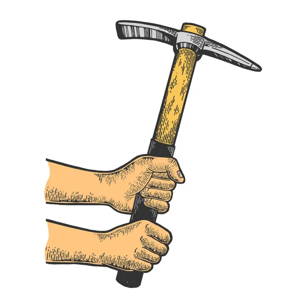 Manos con pick pickaxe herramienta color bosquejo grabado vector ilustración. Scratch board estilo imitación. Imagen dibujada a mano en blanco y negro . — Archivo Imágenes Vectoriales