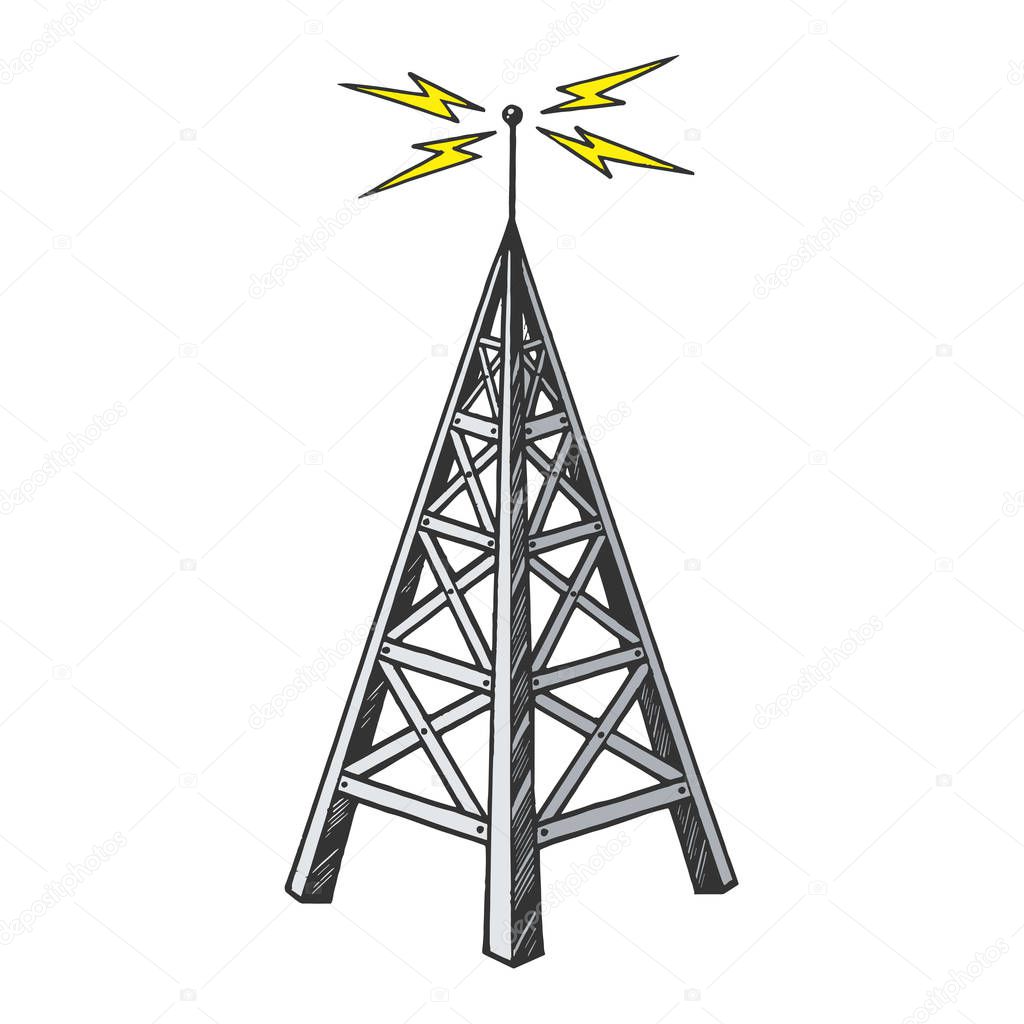 Old vintage radio tower broadcast transmitter color sketch engraving vector illustration. Scratch board style imitation. Black and white hand drawn image.