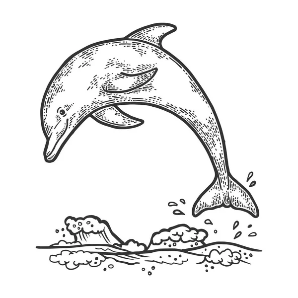イルカは水スケッチ彫刻ベクトルイラストからジャンプします。スクラッチボードスタイルの模倣。手描きの画像. — ストックベクタ