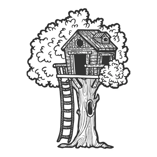 Casa del árbol para niños bosquejo grabado ilustración vectorial. Scratch board estilo imitación. Imagen dibujada a mano en blanco y negro . — Vector de stock