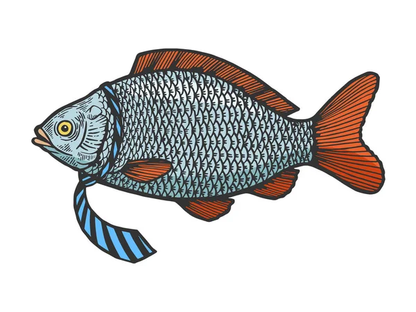 Fisch in Krawatte farbige Skizze Gravur Vektorillustration. Scratch-Board-Imitat. Handgezeichnetes Schwarz-Weiß-Bild. — Stockvektor