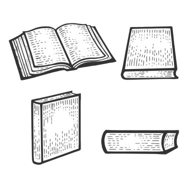 Açık kitap seti çizim gravür vektör illüstrasyon. Scratch tahta tarzı taklit. Siyah beyaz elle çizilmiş görüntü.