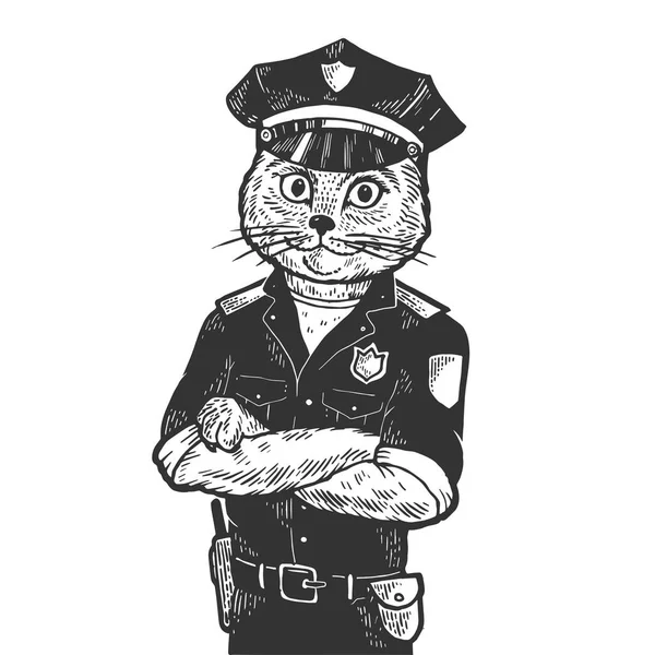 Cat 警察素描雕刻矢量插图。刮板式仿制。黑白手绘图像. — 图库矢量图片