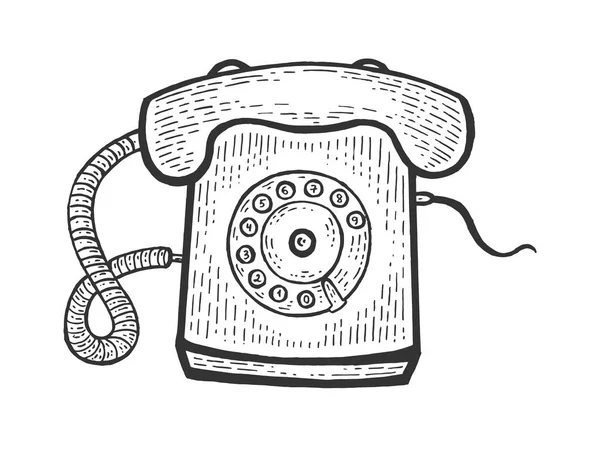 古いロータリーダイヤル電話スケッチ彫刻ベクトルイラスト。スクラッチボードスタイルの模倣。白黒の手描きのイメージ. — ストックベクタ