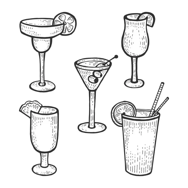 Bicchieri da cocktail set disegno incisione vettoriale illustrazione. Imitazione in stile gratta e vinci. Immagine disegnata a mano in bianco e nero . — Vettoriale Stock