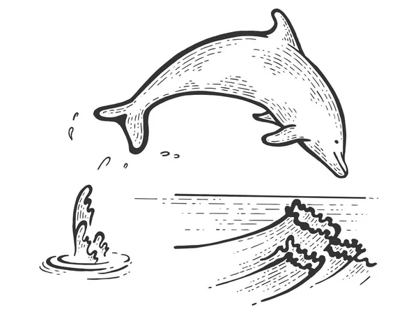 海豚从水中跳跃素描雕刻载体插图。刮板式仿制。手绘图像. — 图库矢量图片