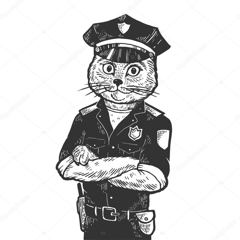 Cat policeman sketch engraving vector illustration. Scratch board style imitation. Black and white hand drawn image.