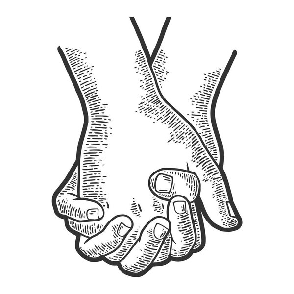 Couple in love hold hands in lock with twisted fingers sketch engraving vector illustration. Scratch board style imitation. Hand drawn image.