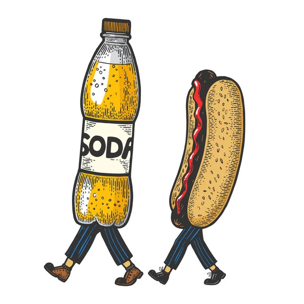 Hot Dog sandwich en soda drinkfles wandelingen op haar voeten kleur schets gravure vector illustratie. Imitatie van Scratch board stijl. Zwart-wit hand getekende afbeelding. — Stockvector
