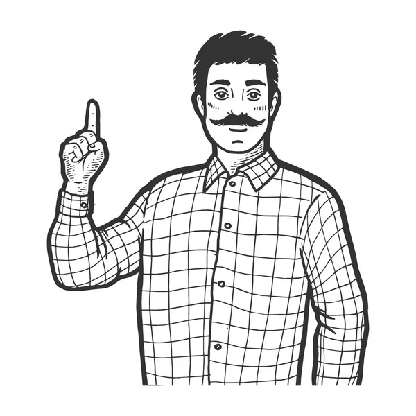 Hombre con índice índice dedo índice hasta la mano atención gesto boceto grabado vector ilustración. Scratch board estilo imitación. Imagen dibujada a mano en blanco y negro . — Vector de stock