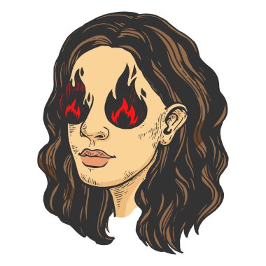 Yangın yerine gözleri Vintage renk kroki oyma vektör illüstrasyon ile seksi güzellik kız. Karalama panosu tarzı taklit. Siyah beyaz el çizilmiş görüntü.