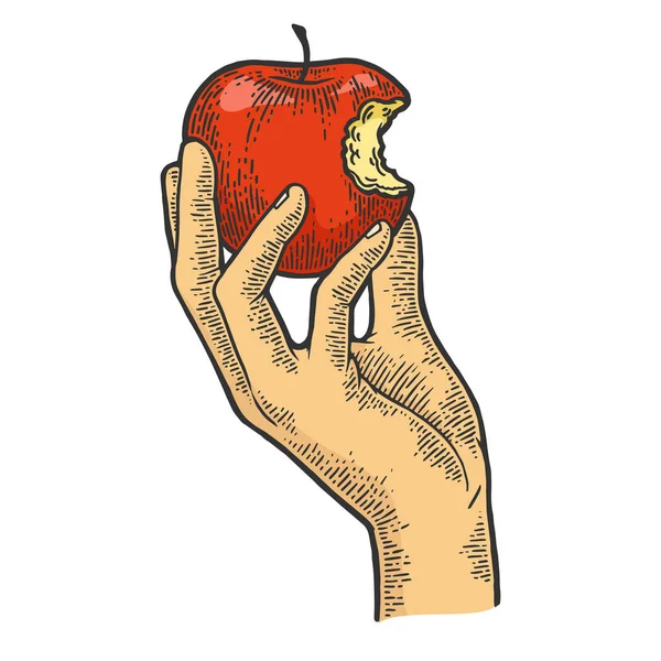 Gebissenen Apfel in der Hand Farbskizze Gravur Vektor Illustration. Scratch-Board-Imitat. Handgezeichnetes Schwarz-Weiß-Bild. — Stockvektor