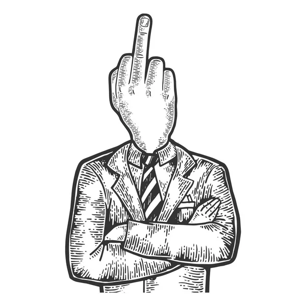 Businessman with middle finger obscene gesture instead head sketch engraving vector illustration. Scratch board style imitation. Black and white hand drawn image. — Stock Vector