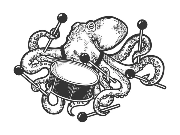 Octopus tocando tambor esboço gravura vetor ilustração. Imitação de estilo Scratch board. Imagem desenhada à mão preto e branco . — Vetor de Stock