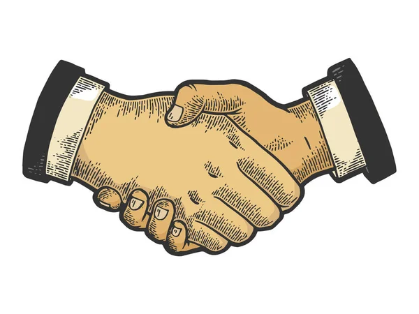 Empresários handshake cor esboço gravura vetor ilustração. Imitação de estilo Scratch board. Imagem desenhada à mão preto e branco . — Vetor de Stock