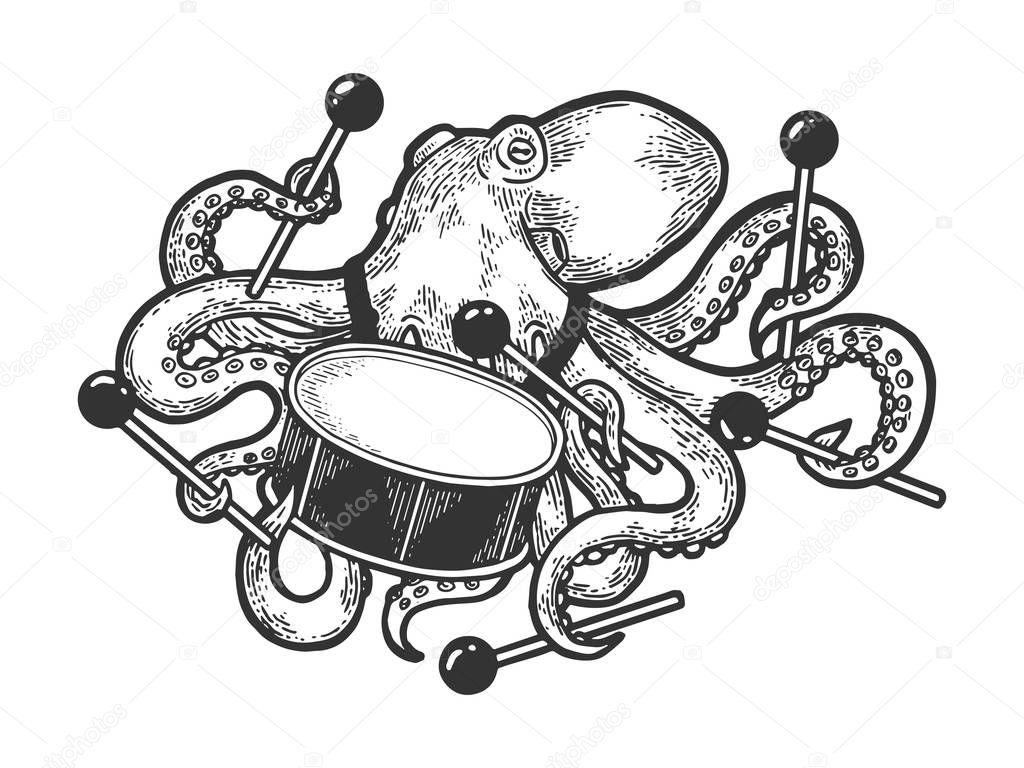 Octopus playing drum sketch engraving vector illustration. Scratch board style imitation. Black and white hand drawn image.