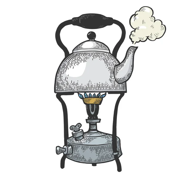 Primus soba renk kroki oyma vektör illüstrasyon üzerinde eski kaynar Kettle pot. Karalama panosu tarzı taklit. El çizilmiş görüntü.