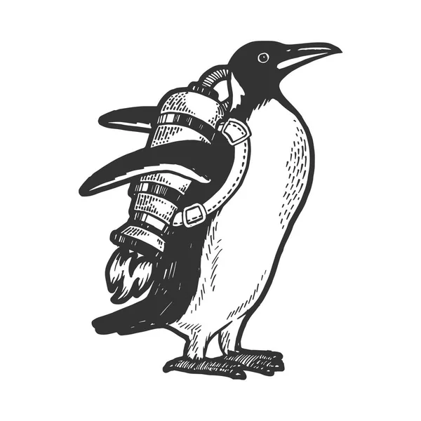 Pinguïn vogel met Jetpack schets gravure vector illustratie. Imitatie van Scratch board stijl. Hand getekende afbeelding. — Stockvector