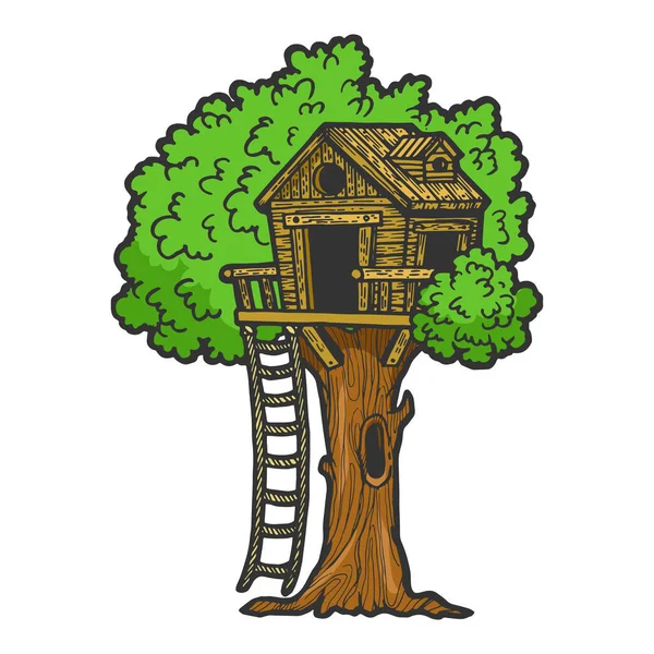 Maison d'arbre pour enfants croquis en couleur gravure vectorielle illustration. Imitation de style scratch board. Image dessinée à la main noir et blanc . — Image vectorielle