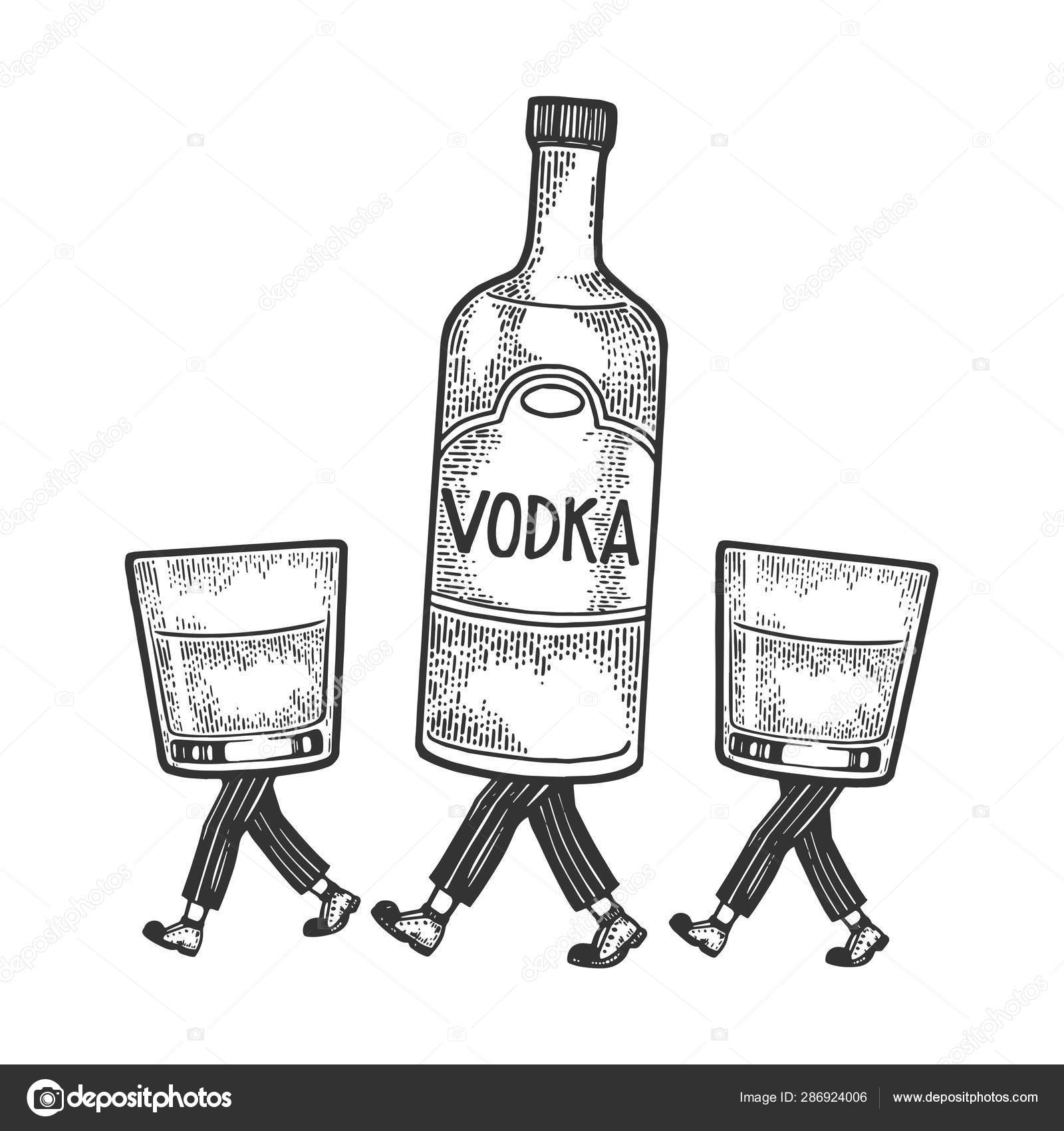 Vodka Alcohol Bottle With Ice And Glasses Walks On Its Feet Sketch Engraving Vector Illustration Scratch Board Style Imitation Black And White Hand Drawn Image Stock Vector Royalty Free Vector Image By C