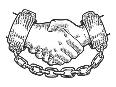 Handshake of prisoners in shackles with chain sketch engraving vector illustration. Scratch board style imitation. Black and white hand drawn image. clipart