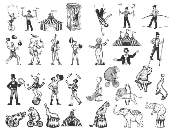 Retro circo rendimiento conjunto boceto estilo vector ilustración. Imitación de grabado dibujado a mano vieja. Dibujos vintage humanos y animales — Archivo Imágenes Vectoriales