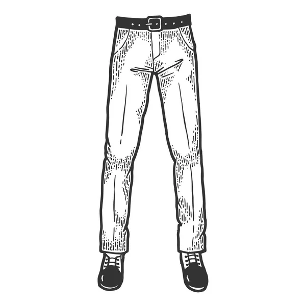 Mannelijke zakenman benen in Business Suit broeken en schoenen schets gravure vector illustratie. Imitatie van Scratch board stijl. Zwart-wit hand getekende afbeelding. — Stockvector