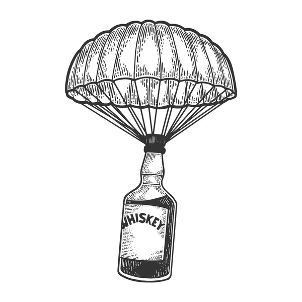 Bouteille d'alcool whisky avec glace et verres marche sur ses pieds croquis gravure vectorielle illustration. Imitation de style scratch board. Image dessinée à la main noir et blanc . — Image vectorielle
