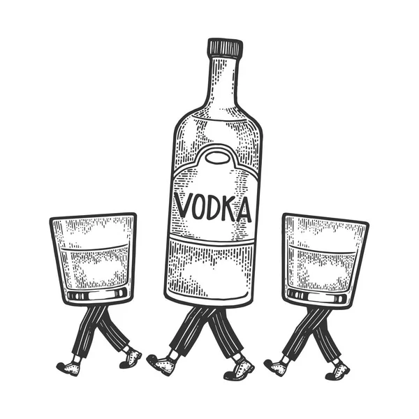 Vodka alcohol bottle with ice and glasses walks on its feet sketch engraving vector illustration. Scratch board style imitation. Black and white hand drawn image. — Stock Vector