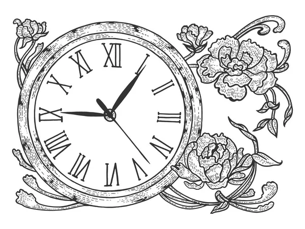 Horloge vintage avec des fleurs croquis gravure vectorielle illustration. Imitation de style scratch board. Image dessinée à la main . — Image vectorielle