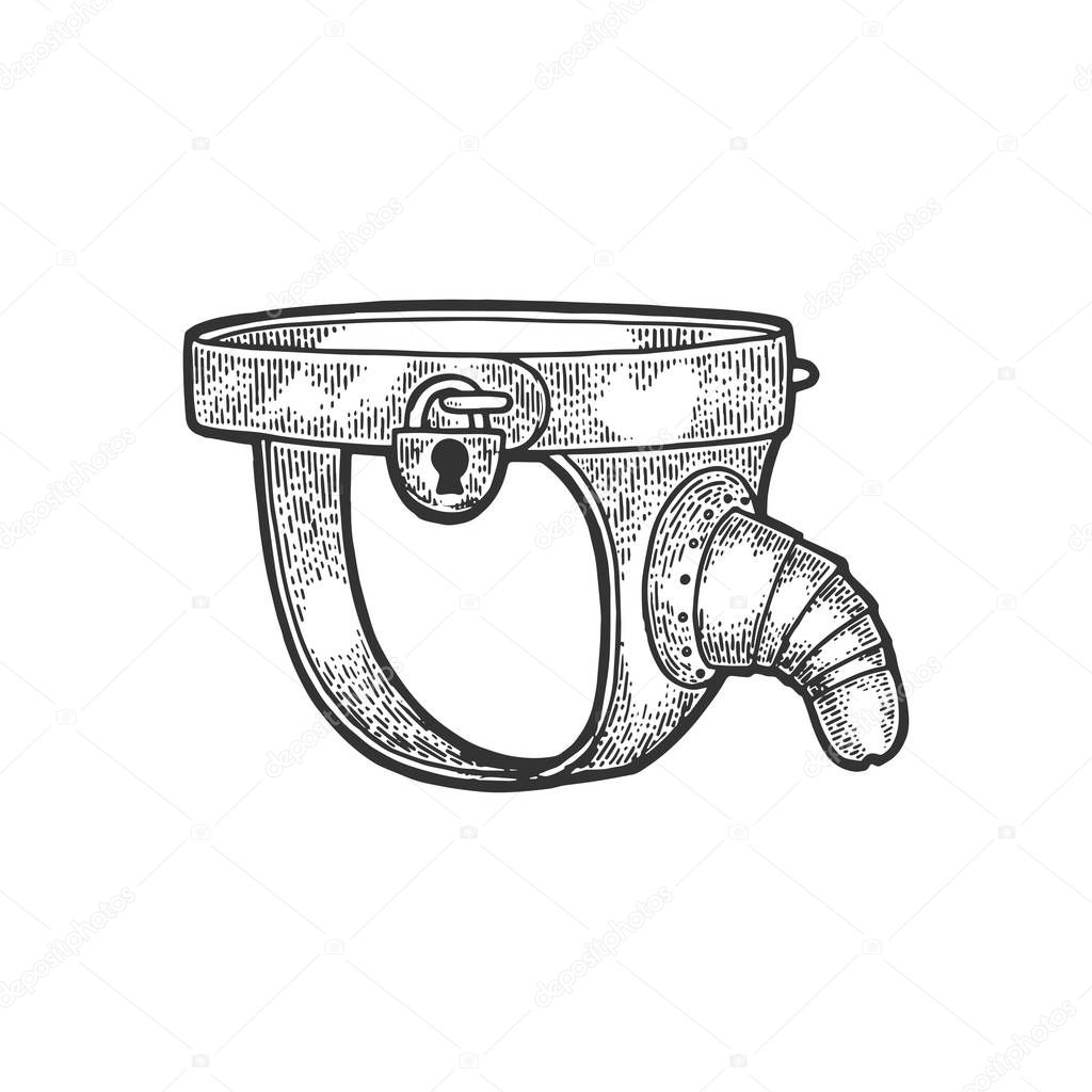 Male Chastity belt medieval torture device sketch engraving vector illustration. Scratch board style imitation. Hand drawn image.