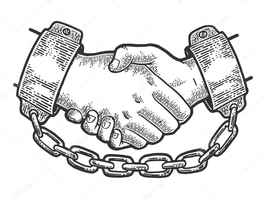 Handshake of prisoners in shackles with chain sketch engraving vector illustration. Scratch board style imitation. Black and white hand drawn image.