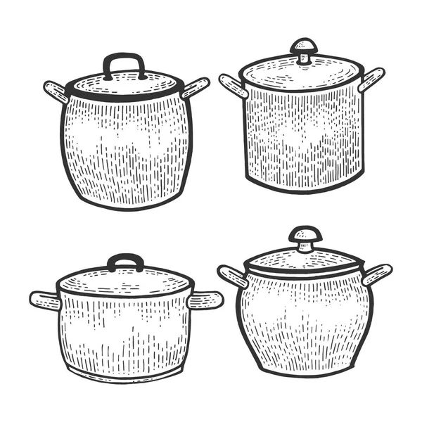 Pan güveç pot set mutfak gereçleri çizim gravür vektör illüstrasyon. Scratch tahta tarzı taklit. Siyah beyaz elle çizilmiş görüntü. — Stok Vektör