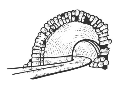 Dağ tüneli yol kroki gravür vektör illüstrasyon. Scratch tahta tarzı taklit. Siyah beyaz elle çizilmiş görüntü.