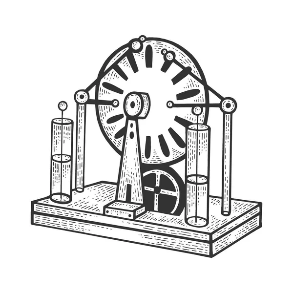 Máquina de Wimshurst gerador eletrostático esboço gravura vetor ilustração. Imitação de estilo Scratch board. Imagem desenhada à mão . — Vetor de Stock