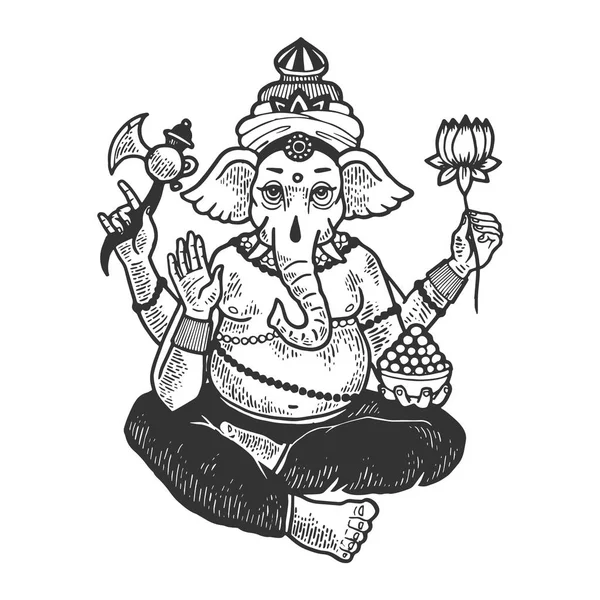 Ganesha elefante índio deus esboço gravura vetor ilustração. Imitação de estilo Scratch board. Imagem desenhada à mão preto e branco . —  Vetores de Stock