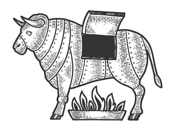 Bronce bronce siciliano toro ejecución medieval dispositivo de tortura boceto grabado vector ilustración. Scratch board estilo imitación. Imagen dibujada a mano . — Archivo Imágenes Vectoriales
