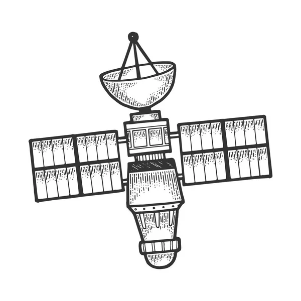 Desenho de satélite artificial gravura vetor ilustração. Imitação de estilo Scratch board. Imagem desenhada à mão preto e branco . — Vetor de Stock