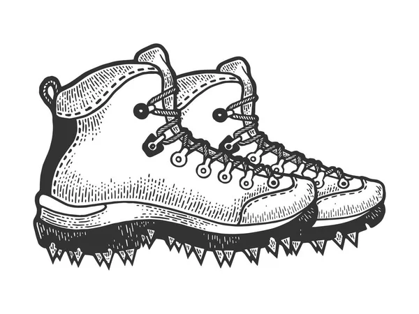 Bergsteiger-Wanderschuhe mit Spikes skizzieren die Gravurvektorillustration. Scratch-Board-Imitat. Handgezeichnetes Schwarz-Weiß-Bild. — Stockvektor