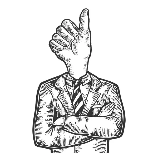 Zakenman met duim vinger omhoog hand gebaar in plaats daarvan hoofd schets gravure vector illustratie. Imitatie van Scratch board stijl. Zwart-wit hand getekende afbeelding. — Stockvector