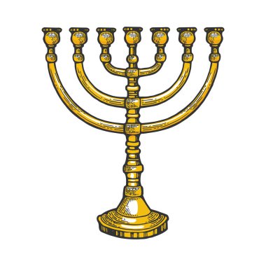 Menorah antik İbranice lampstand din sembolü renk kroki gravür vektör illüstrasyon. Scratch tahta tarzı taklit. Elle çizilmiş görüntü.