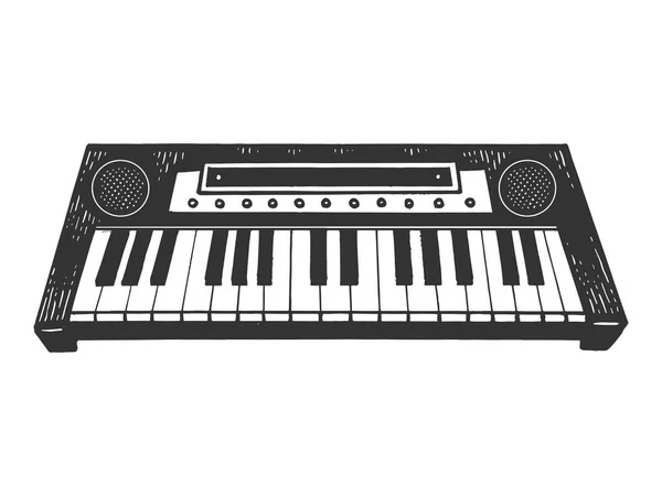 Συνθεσάιζερ ηλεκτρονικό πιάνο όργανο σκίτσο απεικόνιση φορέα χάραξης. Απομίμηση τύπου ξυστό. Μαύρη και λευκή εικόνα που τράβηξε το χέρι. — Διανυσματικό Αρχείο