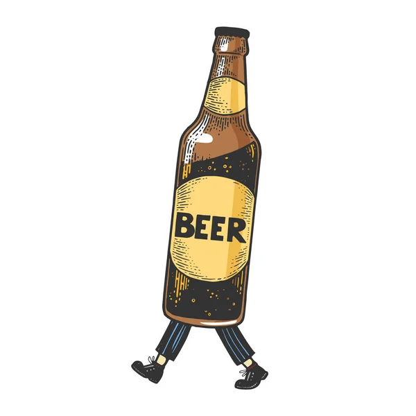 La botella de cerveza camina sobre sus pies ilustración vectorial boceto de color grabado. Scratch board estilo imitación. Imagen dibujada a mano en blanco y negro . — Vector de stock