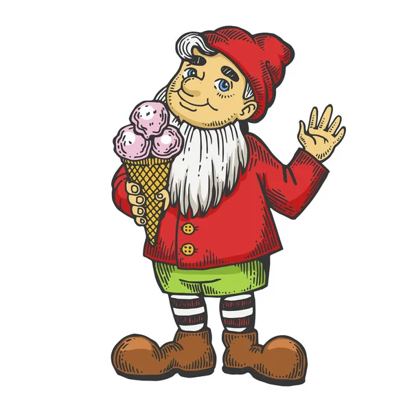 Gnome con disegno a colori gelato incisione vettoriale illustrazione. Mascotte simbolo di Wroclaw. Imitazione in stile gratta e vinci. Immagine disegnata a mano in bianco e nero . — Vettoriale Stock