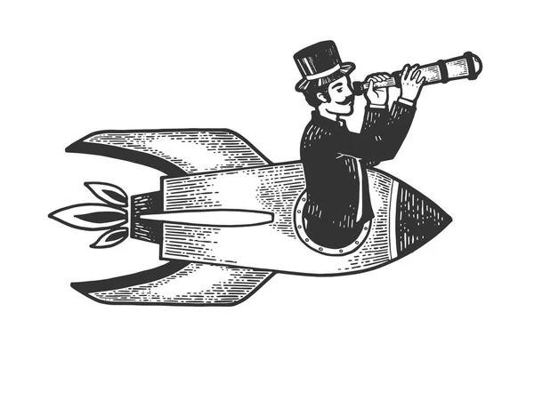 Old fashioned gentleman vola in razzo e guarda attraverso telescopio schizzo incisione vettoriale illustrazione. Imitazione in stile gratta e vinci. Immagine disegnata a mano in bianco e nero . — Vettoriale Stock