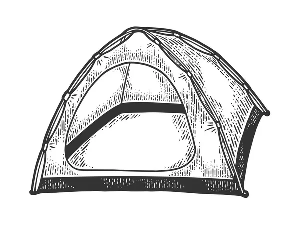 Turista sátor vázlat gravírozás vektor illusztráció. Scratch Board stílus utánzat. Kézzel rajzolt kép fekete-fehér. — Stock Vector