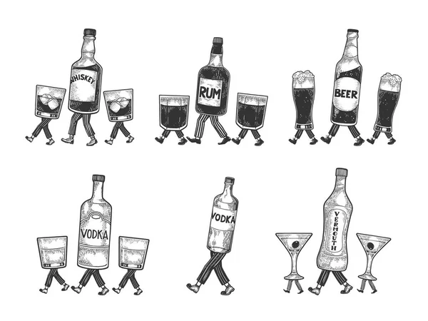 ウイスキービールウォッカアルコールバーマスボトル氷とメガネは、その足の上を歩くスケッチ彫刻ベクトルイラスト。スクラッチボードスタイルの模倣。白黒の手描きのイメージ. — ストックベクタ