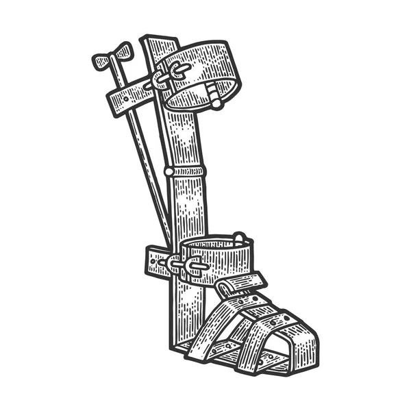 Spanyol boot középkori kínzás eszköz vázlat gravírozás vektor illusztráció. Scratch Board stílus utánzat. Kézzel rajzolt kép. — Stock Vector